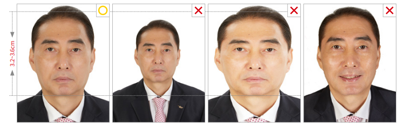 여권사진의 크기는 가로 3.5cm X 세로 4.5cm, 머리 길이는 정수리(머리카락을 제외한 머리 최상부)부터 턱까지 3.2~3.6cm 사이인 사진을 제출해야 함 ※ 온라인 신청용 여권사진은 가로 413 X 세로 531 pixel 규격을 권장하며 사진 인화 시 머리 길이가 3.2~3.6cm 사이가 되어야 함 / 배경은 균일하고 잉크 자국이 없는 흰색이며, 테두리가 없어야 함 / 사진 편집 프로그램(예: 포토샵 등)을 사용하여 배경을 지우거나 흰색 배경에 인물을 임의로 합성한 사진은 제출 불가함 / 다른 사람 및 사물이 노출된 사진은 접수 불가함