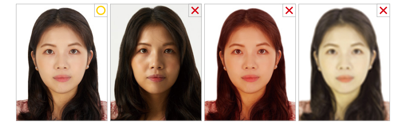 일반 종이에 인쇄된 사진은 사용할 수 없으며, 인화지(유광 또는 무광)에 인화된 선명한(해상도 300DPI 권장) 사진을 제출해야 함 / 흐릿하거나 픽셀이 깨지는 저해상도 사진, 주름(구겨짐) 또는 얼룩이 있는 사진은 사용 불가함 / 인물과 배경에 그림자 및 빛 반사가 없도록 적절한 조명을 사용하여 원래의 피부톤을 정확하게 표현해야 함