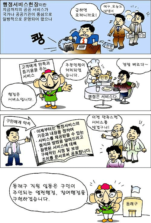 행정서비스헌장이란 지금까지의 공공 서비스가 국가나 공공기관이 중심으로 일방적으로 운영되어 왔으나 고객에게 즐거움을 주는 서비스입니다. 이제부터 행정서비스의 기준화 내용을 정하여 서비스를 제공받을 수 있는 절차와 방법을 알려드리고 잘못된 서비스에 대해 구체적인 시정 및 보상조시를 문서로써 공표합니다. 동래구 직원 일동은 구민이 주인되는 열린행정, 참여행정을 구현하겠습니다.