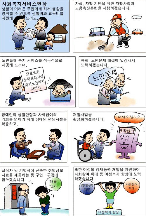 사회복지 서비스헌장 행활이 어려운 주민에게 최저 생활을 영위할 수 있도록 생활비와 교육비를 지원해 드리고, 자립,자활 기반을 위한 자활사업과 고용촉진훈련을 시행하겠습니다. 노인들께 복지 서비스를 적극적으로 제공해 드리며, 특히, 노인문제 해결에 앞장서서 노력하겠습니다. 장애인의 생활안정과 사회참여의 기회를 넓히기 위해 장애인 편의시설을 확충하고, 재활사업을 활성화 하겠습니다. 실직자 및 기업체에 신속한 취업정보 자료를 제공하는 등 구인.구직에 힘쓰겠습니다. 또한 여성의 잠재능력 개발을 지원하여 사회참여 확대 등 여성복지 향상에 노력하겠습니다.