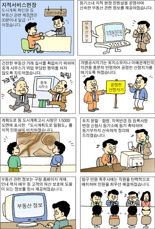 지적 서비스헌장 도시계획 확인원 등 부동산 관련 제증명은 30분이내 발급하겠습니다. 등기소내 지적 현장 민원실을 운영하여 신속한 부동산 관련 정보를 제공하겠습니다. 건전한 부동산 거래 질서를 확립하기 위하여 중개 사무소가 위법 부당한 행위를 하지 않도록 지도하겠습니다. 개별공시지가는 토지소유자나 이해관계인의 의견을 충분히 반영하여 공정한 산정기가를 매기도록 하겠습니다. 게획도로 등 도시계획고시 사항은 1/5000도면에 표시한 「도시계획도로 일람도」를 지적 민원실에 비치하겠습니다. 도치 분할.합병, 지목변경 등 등록사항 변경 신청시 등기소에 등기 촉탁하여 등기부까지 신속하게 정리해 드리겠습니다. 부동산 관련 정보는 구청 홈페이지 게재, 안내 책자 배부 등 고객의 재산보호에 도움이 되는 정보를 항시 제공하겠습니다. 창구 민원 폭주시에는 직원을 탄력적으로 배치하여 민원을 최우선 해결하겠습니다.