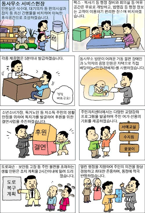 동주민센터 민원실은 식수대, 대기의자 등 편의시설과 잡지 등 최신 간행물을 비치하여 아늑한 휴식공간으로 조성하겠습니다. 팩스.복사기 등 행정 장비와 회의실 등 여유 공간은 무료로 개방하고, 법령집 등 행정 정보는 고객이 이용하기 편리한 장소에 비치하겠습니다. 각종 제증명은 5분이내 발급하겠습니다. 동주민센터 방문이 어려운 거동 불편 장애인과 노약자의 증명 민원은 자택으로 직접 배달하는 민원택배제를 시행하겠습니다. 소년소녀가장, 독거노인 등 저소득 주민의 생활안정을 위하여 독지가를 발굴하여 후원을 위한 결연사업을 추진하겠습니다. 주민자치센터에서는 다양한 교양강좌 프로그램을 발굴하여 주민 여가 선용의 기회를 제공하겠습니다. 도로파손.보안등 고장 등 주민 불편을 초래하는 생활 민원은 조치 계획을 2시간이내에 알려 드리겠습니다. 열린 행정을 지향하여 주민의 의견을 항상 경청하고 최대한 존중하며, 동정에 적극 반영하겠습니다.