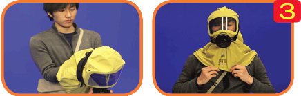 방독면 사용요령 방독면 렌즈쪽이 아래를 향하도록 잡고, 방독면을 착용합니다.