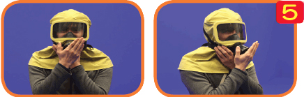 방독면 사용요령 정화통의 공기 흡입구를 손바닥으로 막고 숨을 깊이 들여마셔 안면부가 얼굴에 밀착되는지 확인 후 안전한 곳으로 신속히 대피합니다.