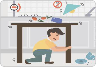 지진이 발생하면 이렇게 행동합니다. 중심이 낮고 튼튼한 탁자의 아래로 들어가 탁자 다리를 꼭 잡고 몸을 보호합니다.