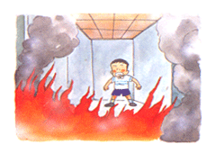 타기 쉬운 물건들을 물에 뿌려 적신 뒤, 자세를 낮추고 물에 적신 수건을 코에 대고 호흡합니다.