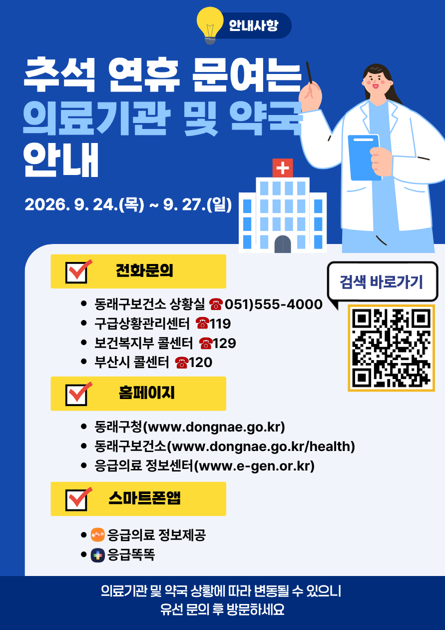 2026 추석 연휴기간 문여는 의료기관 및 약국, 안전상비의약품 현황(2026.9.25.자)