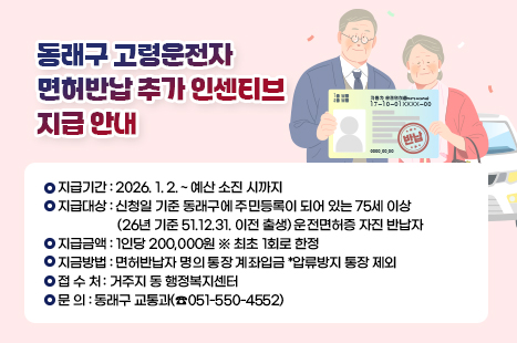 2026년 부산광역시동래구 75세 이상 고령운전자 면허반납
추가 인센티브 지급 안내

1. 지급기간 : 2026. 1. 2. ~ 예산 소진 시까지
2. 지급대상 : 신청일 기준 동래구에 주민등록이 되어 있는
75세 이상(26년 기준 51.12.31. 이전 출생)
운전면허증 자진 반납자
3. 지급금액 : 1인당 200,000원 ※ 최초 1회로 한정
4. 지금방법 : 면허반납자 명의 통장 계좌입금 *압류방지 통장 제외
5. 접 수 처 : 거주지 동 행정복지센터
6. 문 의 : 동래구 교통과(☎051-550-4552)