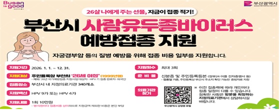 부산시 26세 사람유두종바이러스(HPV) 예방접종 지원사업 안내
지원기간-2026.1.1 .~ 12. 31.
지원대상-주민등록상 부산시 '26세 여성'(1999년생)
- 제외: '26년 국가예방접종 지원사업 대상자· HPV 기 접종 완료자·외국인
접종장소-부산시 내 지정의료기관 340개소
지원백신-HPV 9가 또는 HPV 4가
지원내용-1회 10만원
- 병·의원마다 접종비용 상이하므로 지원금액 제외한 비용은 본인 부담