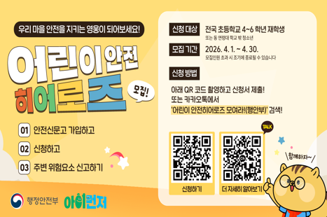 우리 마을 안전을 지키는 영웅이 되어보세요!
어린이 안전 히어로즈 모집!

신청 대상
전국 초등학교 4~6학년 재학생
또는 동 연령대 학교 밖 청소년

모집 기간
2026. 4. 1. ~ 4. 30.
※ 모집인원 초과 시 조기에 종료될 수 있습니다

신청 방법
아래 QR 코드 촬영하고 신청서 제출!
또는 카카오톡에서
‘어린이 안전히어로즈 모여라!(행안부)’ 검색!