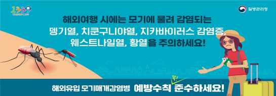 해외유입 모기매개감염병 예방수칙


 ○ 예방수칙
  1. 여행 전 국가별 감염병 발생현황 및 주의사항 확인하기
    * 질병관리청 누리집에서 확인 가능  
  2. 모기 퇴치용품(기피제, 모기장, 모기향, 밝은색 긴팔 및 긴바지 등) 사용하고, 풀숲 및 산속 등 모기 많은 곳 방문하지 않기
  3. 귀국 뒤 2주 이내 의심증상 발생 시 의료기관 방문하여 여행력 알리고 치료받기
    * 발열, 발진, 관절통, 근육통, 결막염, 두통 등
  4. 해외여행 후 4주간 헌혈 금지, 지카바이러스 감염증 발생국가 여행자는 귀국 후 6개월간 임신 연기 및 성접촉 피하기