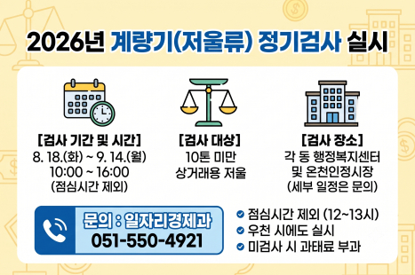 2026년 계량기 (저울류) 정기검사 실시
-검사 기간 및 시간 : 8. 18.(화) ~ 9. 14.(월) 10:00 ~ 16:00 (점심시간 제외)
-검사 대상 : 10톤 미만 상거래용 저울 
-검사 장소 : 각 동 행정복지센터 및 온천인정시장 (세부 일정은 문의)
-문의 : 일자리경제과 ☎051-550-4921
· 점심시간 제외 (12~13시)
· 우천 시에도 실시
· 미검사 시 과태료 부과