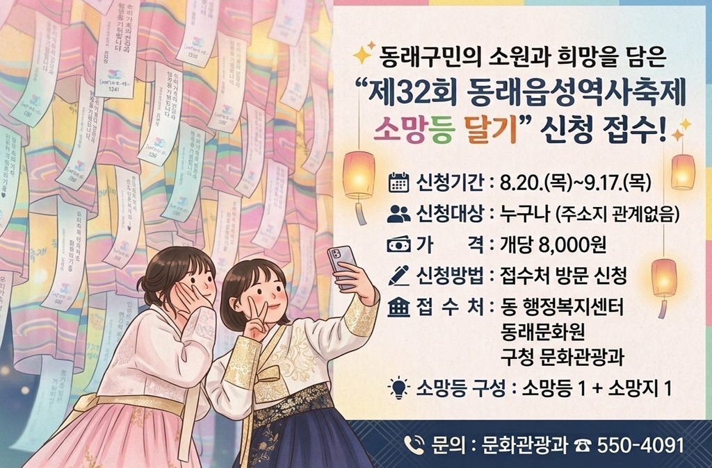 -신청기간:8. 20.(목)~9. 17.(목)
-신청대상:누구나 (주소지 관계없음)
-가격: 개당 8,000원
-신청방법: 접수처 방문 신청
-접수처: 동 행정복지센터 동래문화원 구청 문화관광과
-소망등 구성: 소망등 1+ 소망지1
-문의: 문화관광과 550-4091